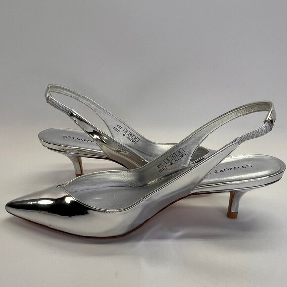 Stuart Weitzman EVA 50 Slingback Heels Sz 6.5 Silver Metallic Kitten Pointed Toe - Picture 7 of 14